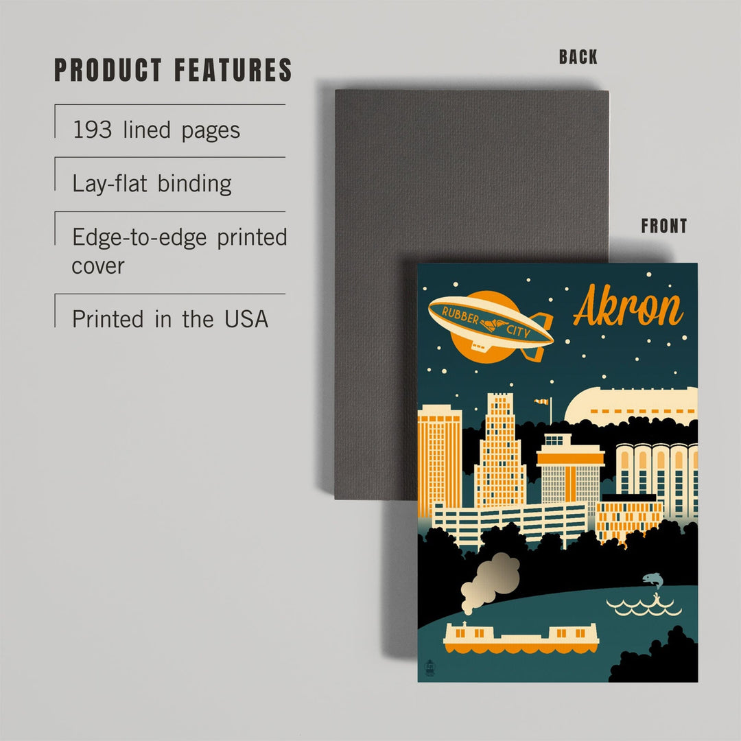 Lined 6x9 Journal, Akron, Ohio, Retro Skyline, Lay Flat, 193 Pages, FSC paper Home Lantern Press 