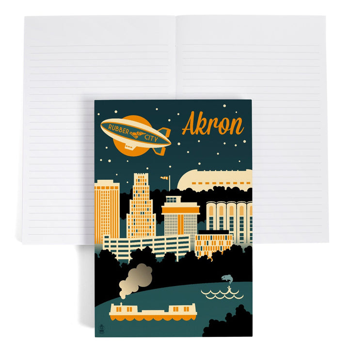 Lined 6x9 Journal, Akron, Ohio, Retro Skyline, Lay Flat, 193 Pages, FSC paper Home Lantern Press 