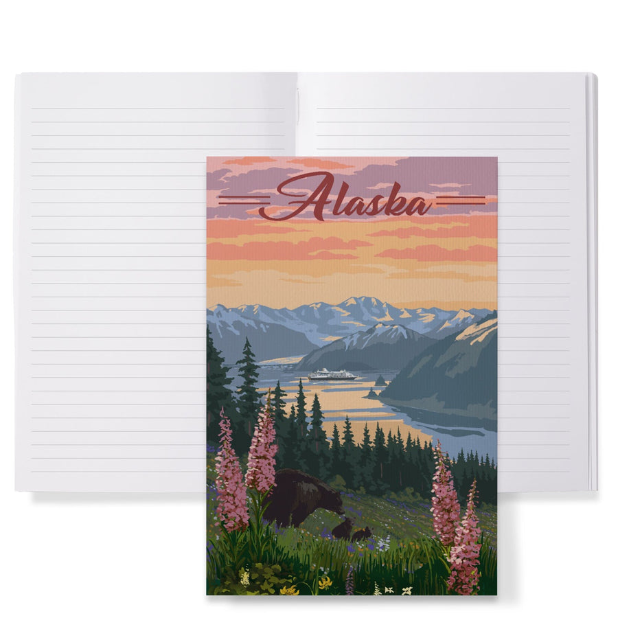 Lined 6x9 Journal, Alaska, Bear and Spring Flowers, Cruise Ship, Lay Flat, 193 Pages, FSC paper Home Lantern Press 