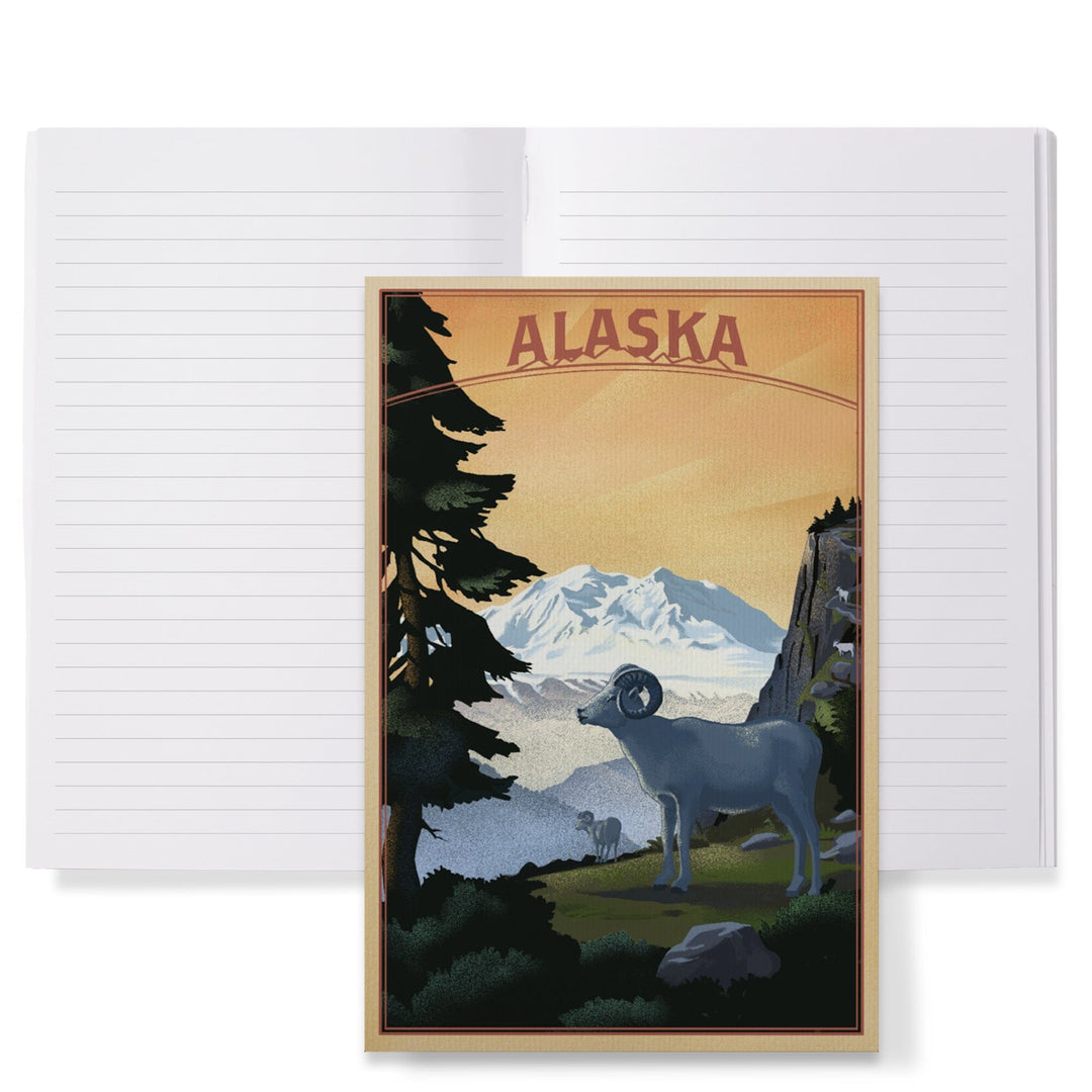 Lined 6x9 Journal, Alaska, Dall Sheep and Mountain, Lithograph, Lay Flat, 193 Pages, FSC paper Home Lantern Press 