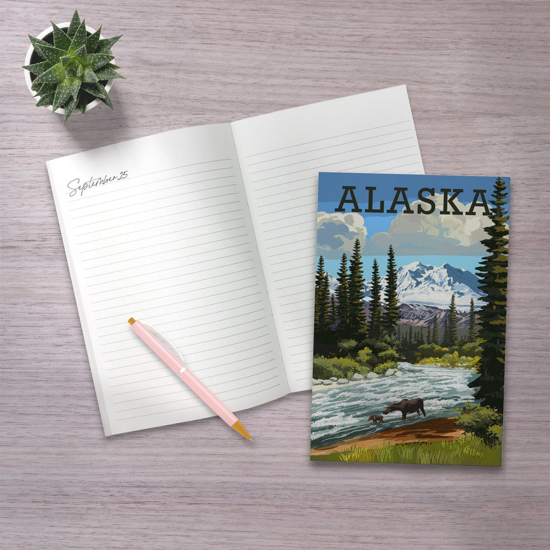 Lined 6x9 Journal, Alaska, Moose and River Rapids, Lay Flat, 193 Pages, FSC paper Home Lantern Press 