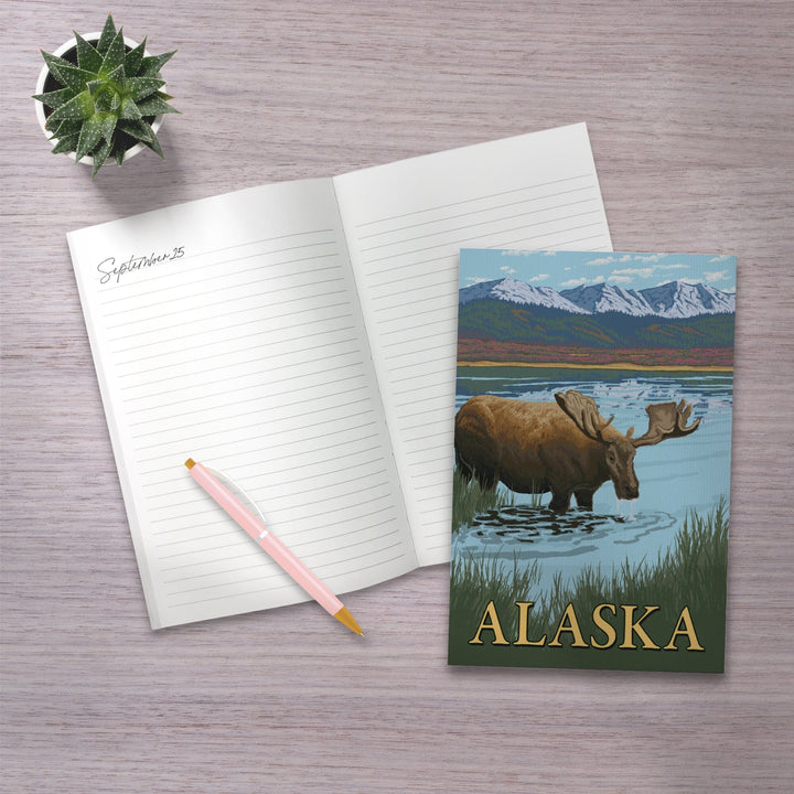 Lined 6x9 Journal, Alaska, Moose in Water, Lay Flat, 193 Pages, FSC paper Home Lantern Press 