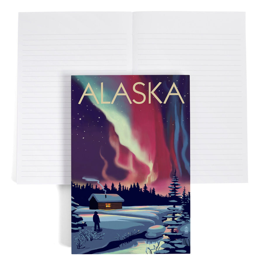 Lined 6x9 Journal, Alaska, Northern Lights and Cabin, Lay Flat, 193 Pages, FSC paper Home Lantern Press 