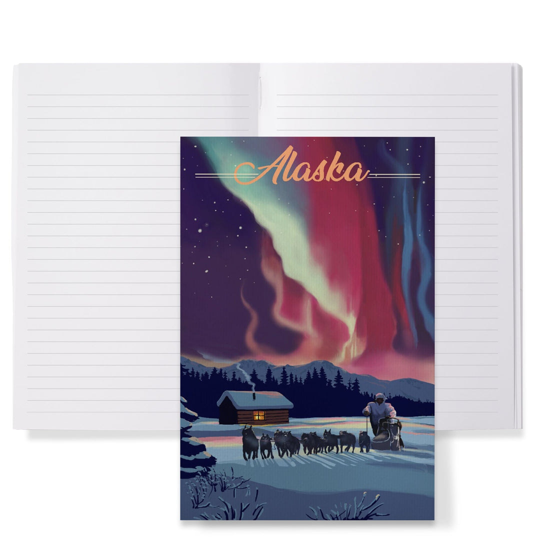 Lined 6x9 Journal, Alaska, Northern Lights and Dogsled, Lay Flat, 193 Pages, FSC paper Home Lantern Press 