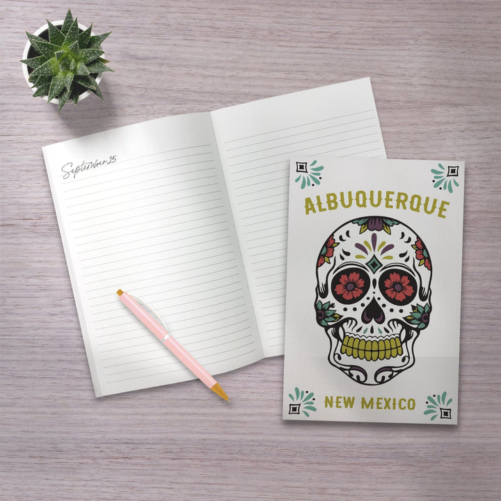 Lined 6x9 Journal, Albuquerque, New Mexico, Day of the Dead, Sugar Skull (White and Magenta), Lay Flat, 193 Pages, FSC paper Home Lantern Press 