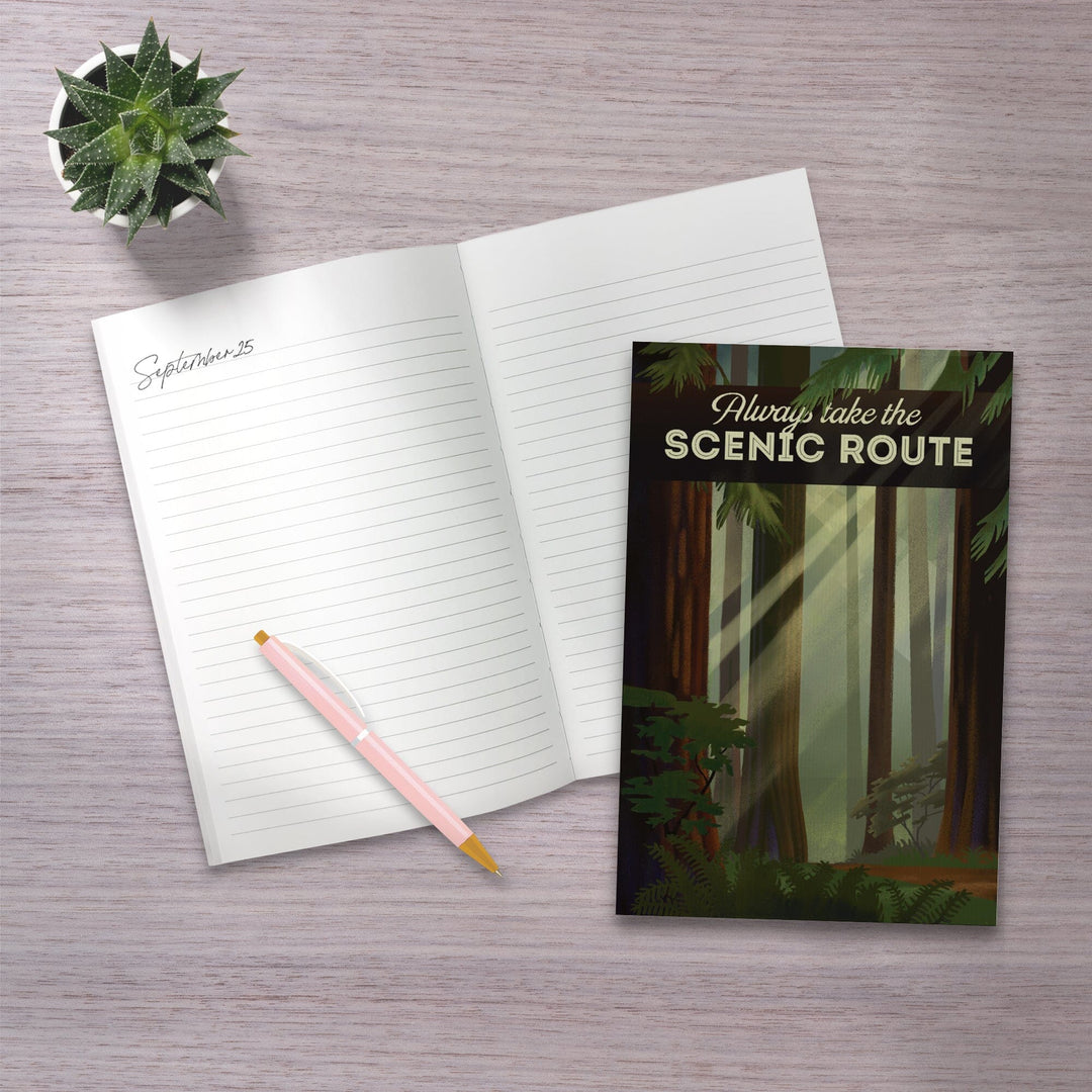 Lined 6x9 Journal, Always Take the Scenic Route, Forest, Geometric Lithograph, Lay Flat, 193 Pages, FSC paper Home Lantern Press 