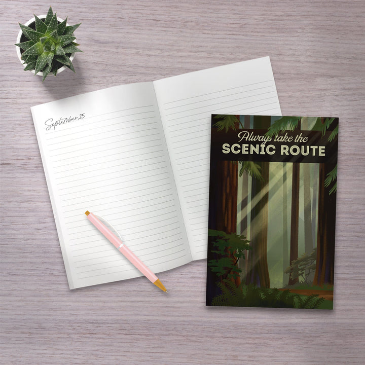 Lined 6x9 Journal, Always Take the Scenic Route, Forest, Geometric Lithograph, Lay Flat, 193 Pages, FSC paper Home Lantern Press 