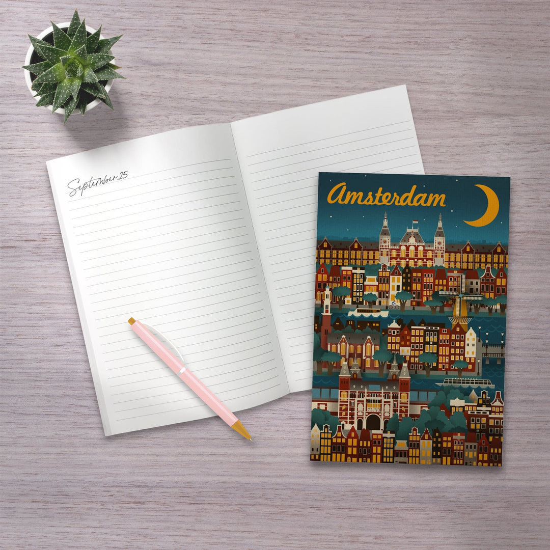 Lined 6x9 Journal, Amsterdam, Retro Skyline, Lay Flat, 193 Pages, FSC paper Home Lantern Press 