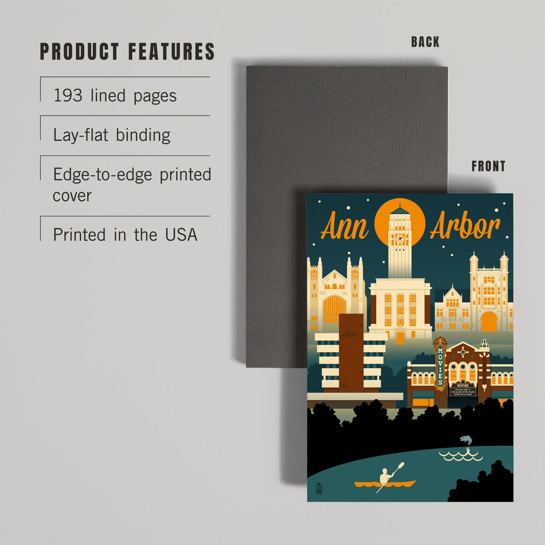 Lined 6x9 Journal, Ann Arbor, Michigan, Retro Skyline, Lay Flat, 193 Pages, FSC paper Home Lantern Press 