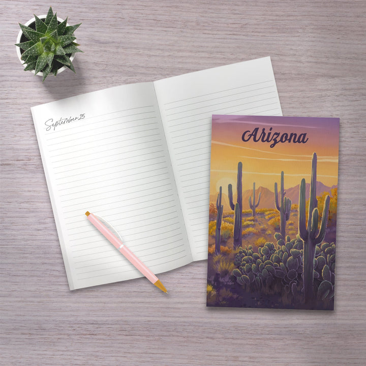 Lined 6x9 Journal, Arizona, Oil Painting, Cactus and Golden Sunset, Lay Flat, 193 Pages, FSC paper Home Lantern Press 