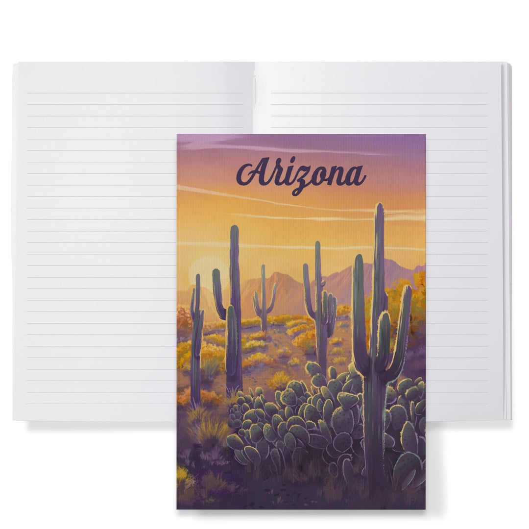 Lined 6x9 Journal, Arizona, Oil Painting, Cactus and Golden Sunset, Lay Flat, 193 Pages, FSC paper Home Lantern Press 