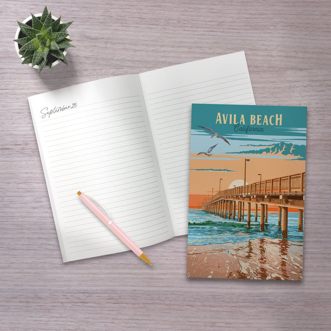 Lined 6x9 Journal, Avila Beach, California, Painterly, Beach Pier, Lay Flat, 193 Pages, FSC paper Home Lantern Press 