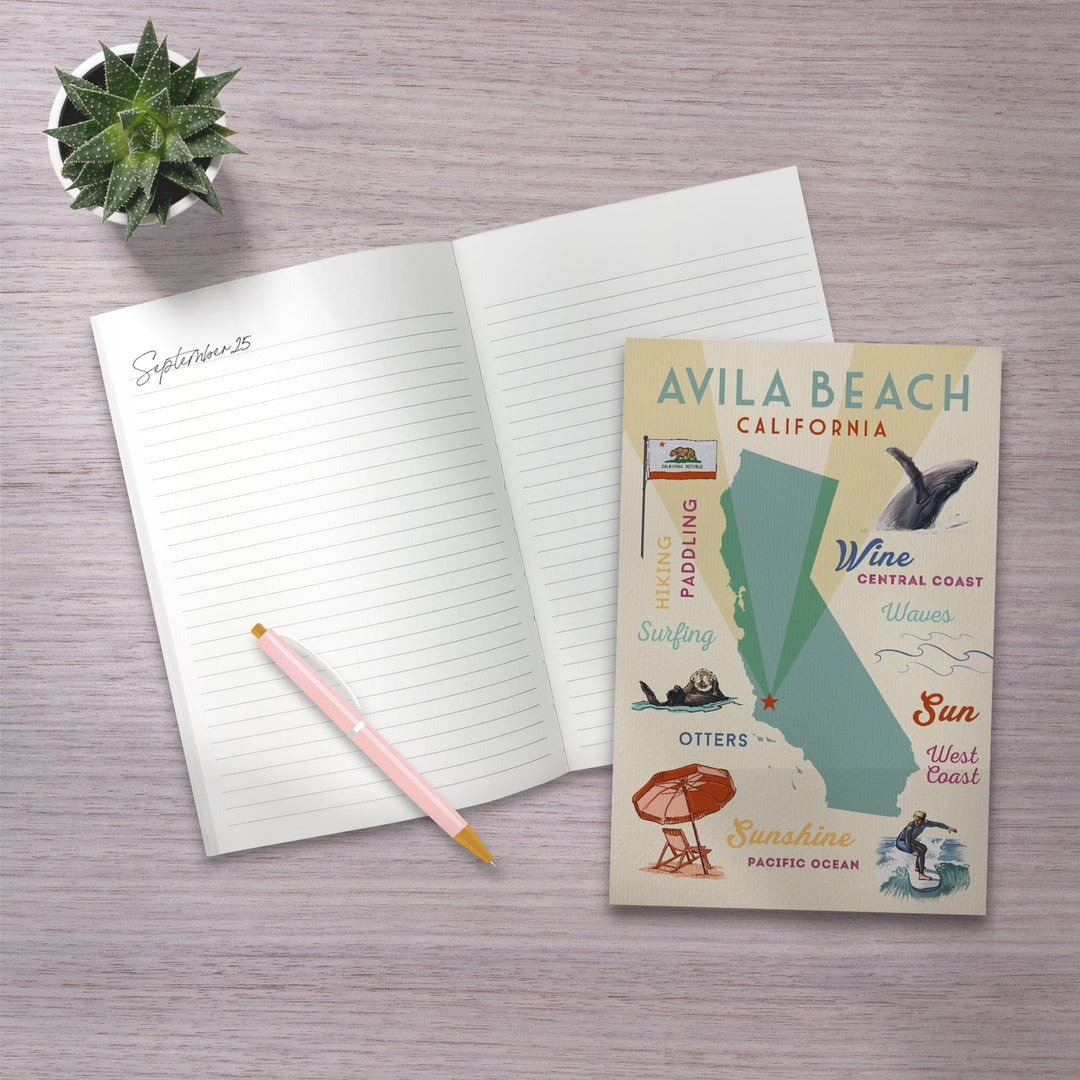 Lined 6x9 Journal, Avila Beach, California, Typography and Icons, Lay Flat, 193 Pages, FSC paper Home Lantern Press 