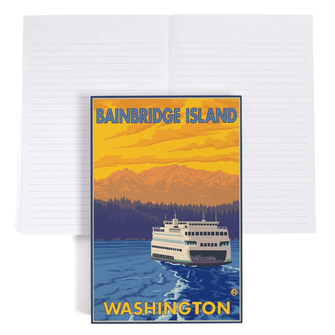 Lined 6x9 Journal, Bainbridge Island, Washington, Ferry and Mountains, Lay Flat, 193 Pages, FSC paper Home Lantern Press 