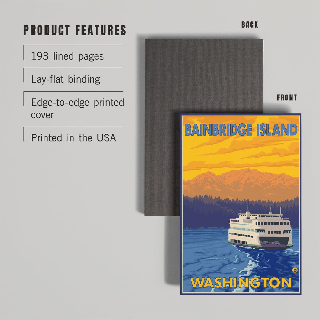 Lined 6x9 Journal, Bainbridge Island, Washington, Ferry and Mountains, Lay Flat, 193 Pages, FSC paper Home Lantern Press 