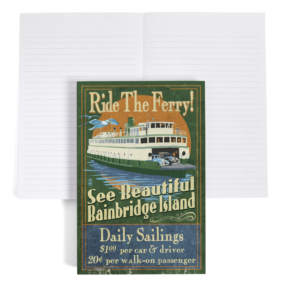 Lined 6x9 Journal, Bainbridge Island, Washington, Ferry Ride Vintage Sign, Lay Flat, 193 Pages, FSC paper Home Lantern Press 