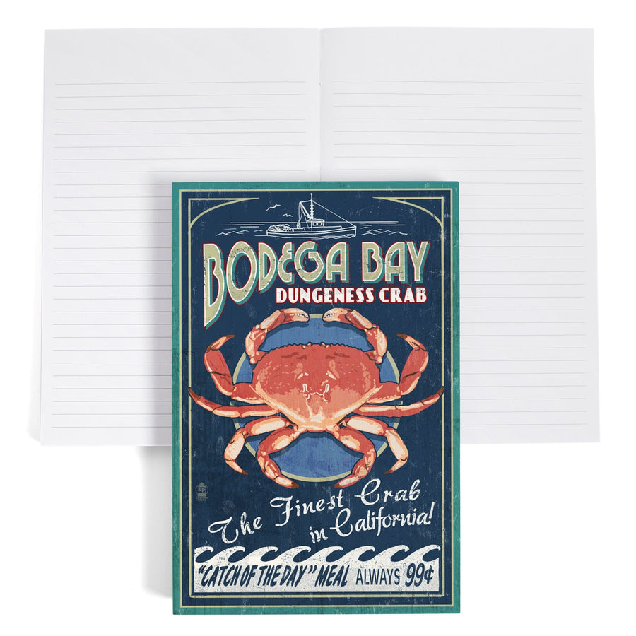 Lined 6x9 Journal, Bodega Bay, California, Dungeness Crab Vintage Sign, Lay Flat, 193 Pages, FSC paper Home Lantern Press 