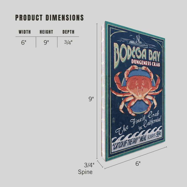 Lined 6x9 Journal, Bodega Bay, California, Dungeness Crab Vintage Sign, Lay Flat, 193 Pages, FSC paper Home Lantern Press 
