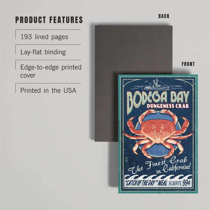 Lined 6x9 Journal, Bodega Bay, California, Dungeness Crab Vintage Sign, Lay Flat, 193 Pages, FSC paper Home Lantern Press 