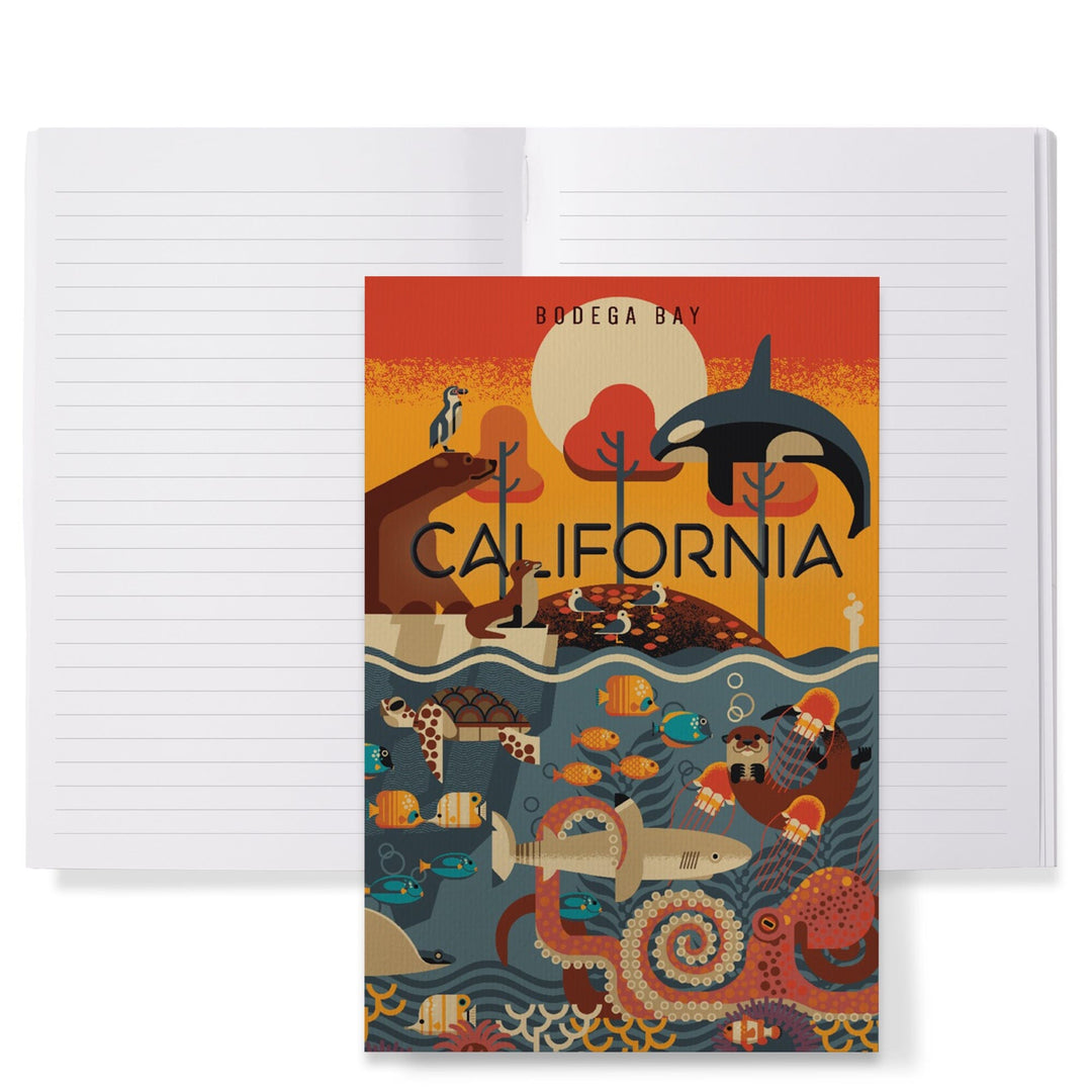 Lined 6x9 Journal, Bodega Bay, California, Marine Animals with Bear, Geometric, Lay Flat, 193 Pages, FSC paper Home Lantern Press 