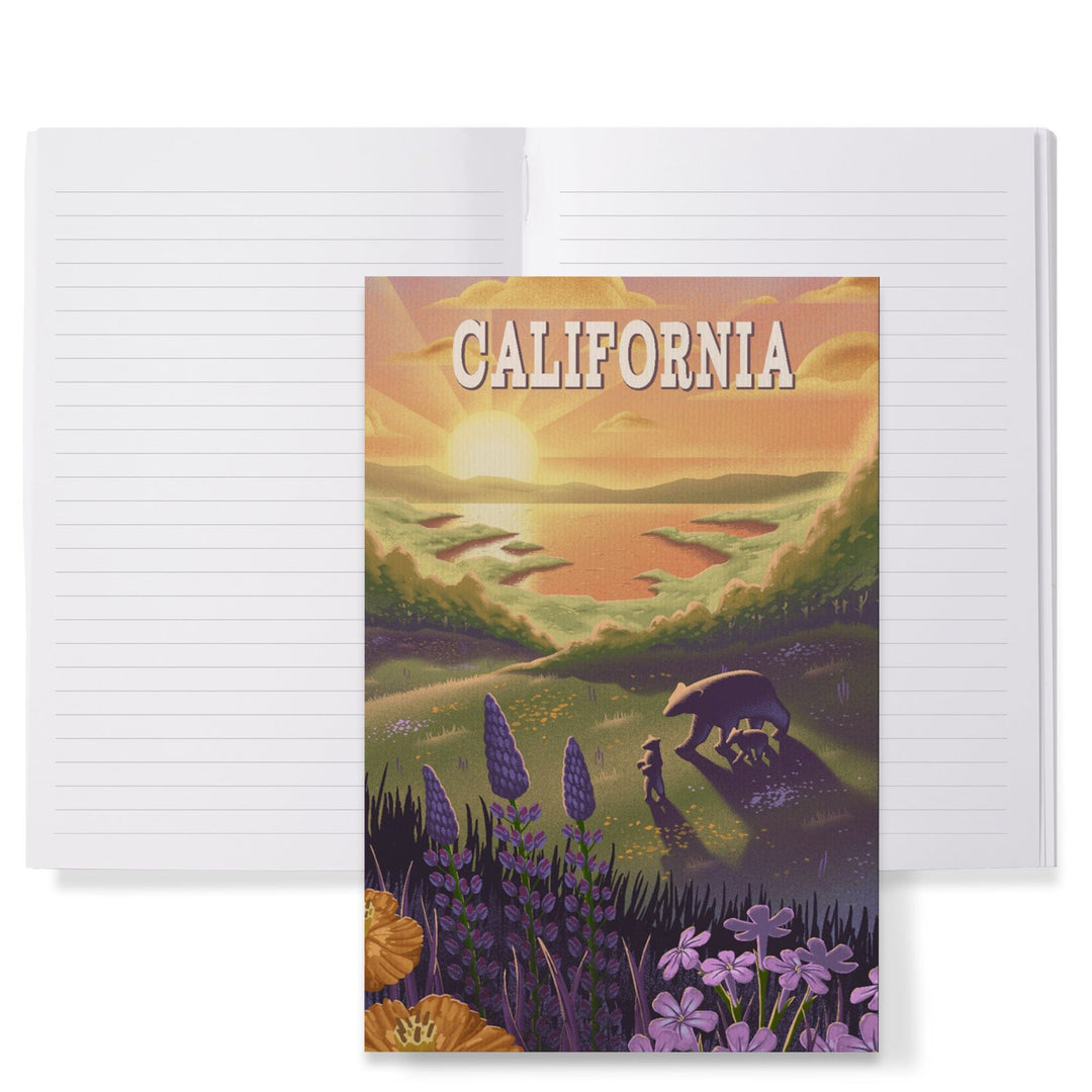 Lined 6x9 Journal, California, Bear and Spring Flowers, Lithograph, Lay Flat, 193 Pages, FSC paper Home Lantern Press 