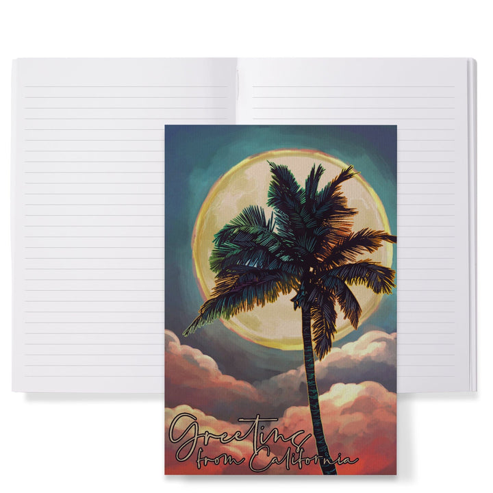 Lined 6x9 Journal, California, Greetings From California, Palm and Moon, Sunset, Lay Flat, 193 Pages, FSC paper Home Lantern Press 