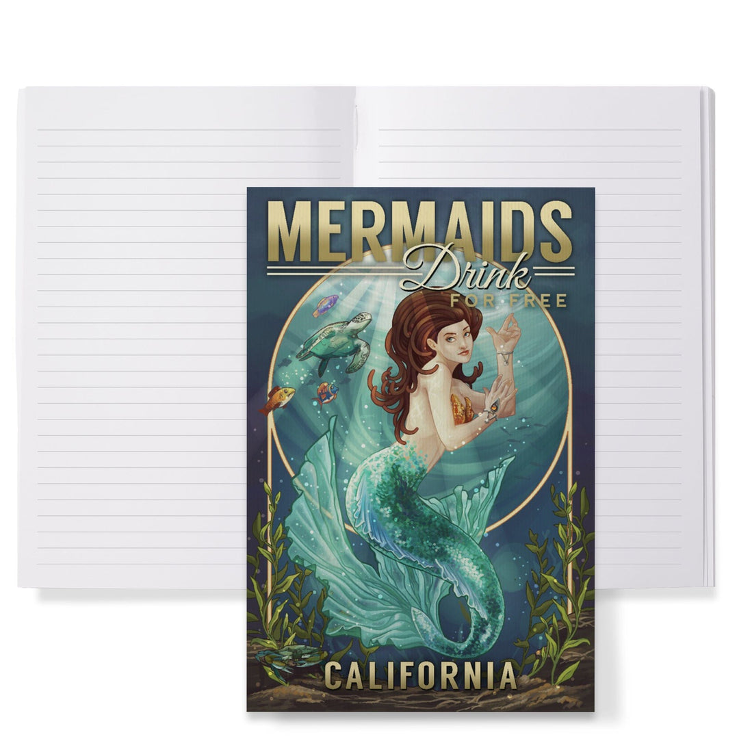 Lined 6x9 Journal, California, Mermaids Drink for Free (top), Lay Flat, 193 Pages, FSC paper Home Lantern Press 