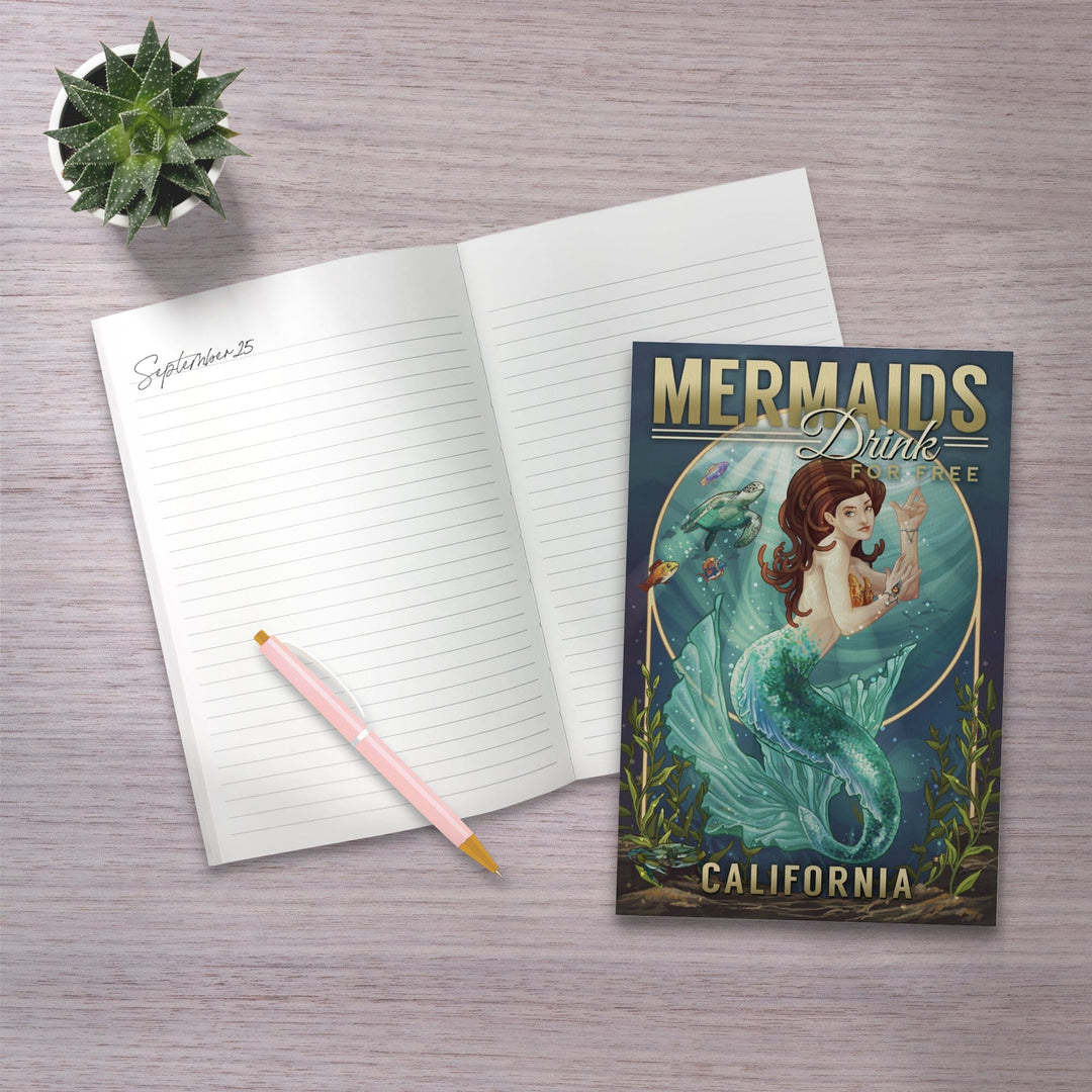 Lined 6x9 Journal, California, Mermaids Drink for Free (top), Lay Flat, 193 Pages, FSC paper Home Lantern Press 