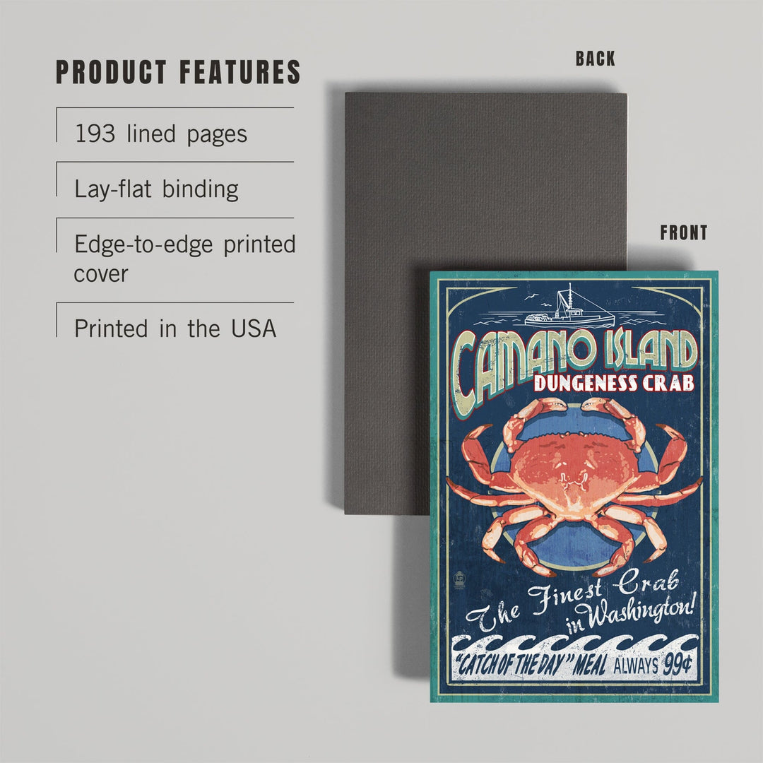 Lined 6x9 Journal, Camano Island, Washington, Dungeness Crab Vintage Sign, Lay Flat, 193 Pages, FSC paper Home Lantern Press 