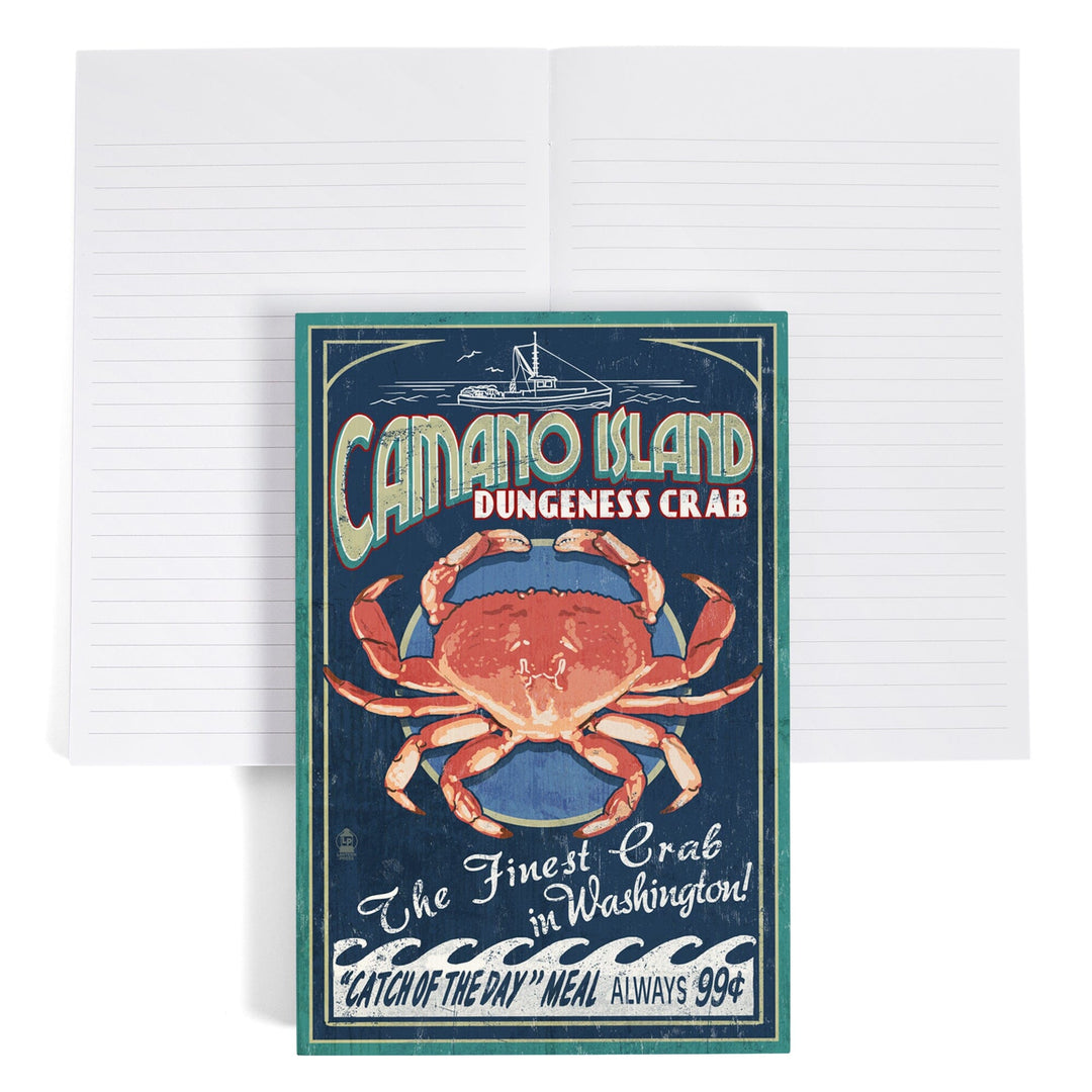 Lined 6x9 Journal, Camano Island, Washington, Dungeness Crab Vintage Sign, Lay Flat, 193 Pages, FSC paper Home Lantern Press 