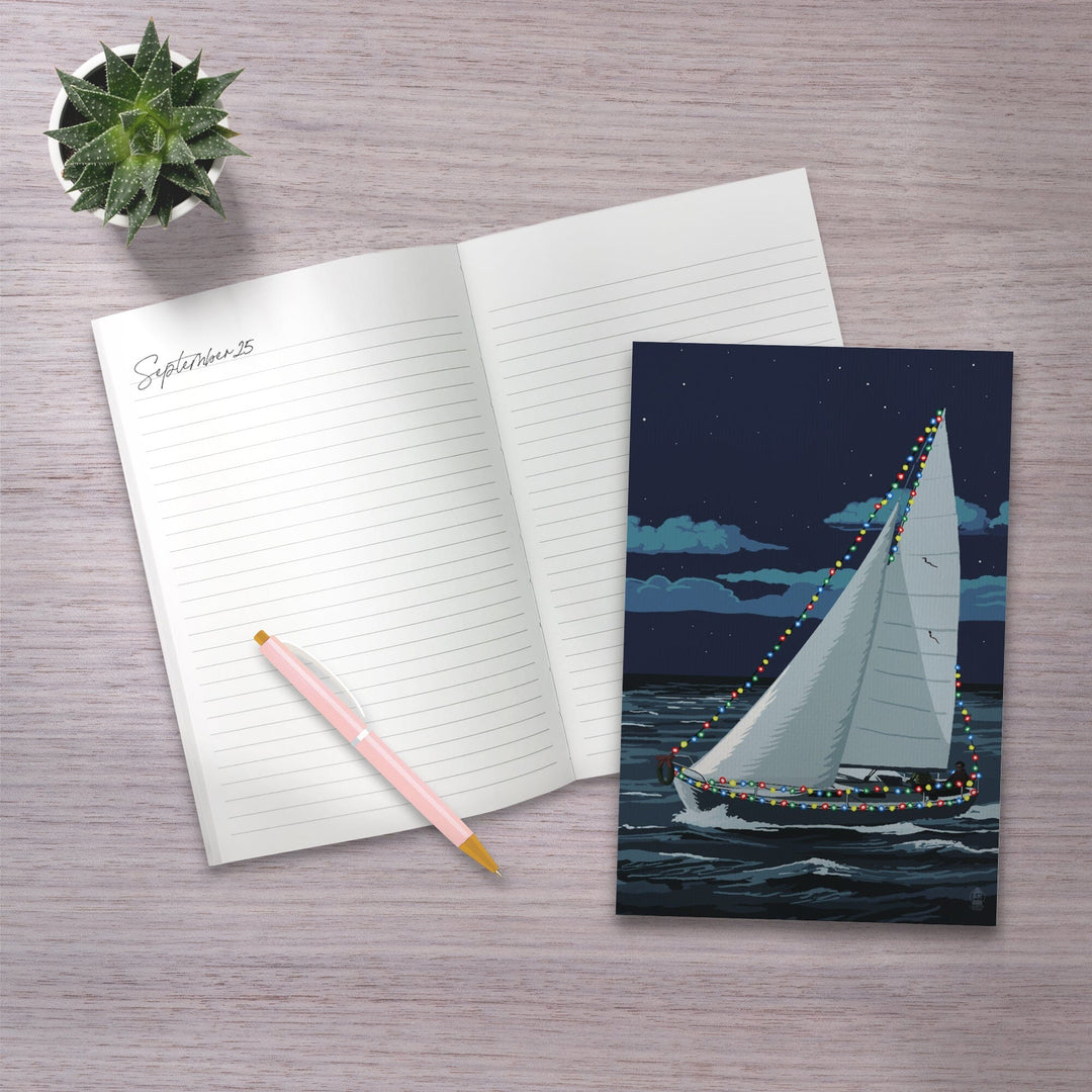 Lined 6x9 Journal, Christmas Lights Sailboat, Lay Flat, 193 Pages, FSC paper Home Lantern Press 