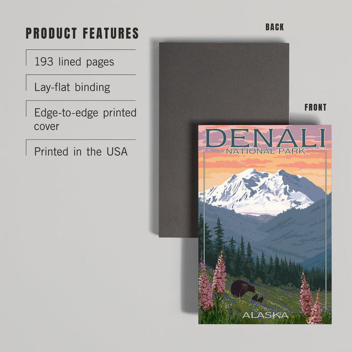 Lined 6x9 Journal, Denali National Park, Alaska, Bear and Cubs with Flowers, Lay Flat, 193 Pages, FSC paper Home Lantern Press 