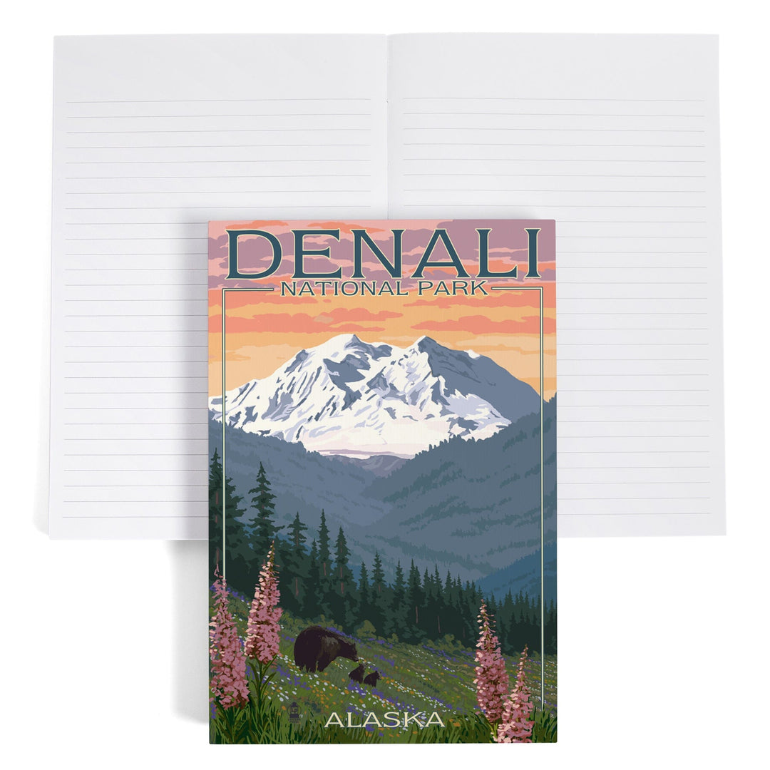 Lined 6x9 Journal, Denali National Park, Alaska, Bear and Cubs with Flowers, Lay Flat, 193 Pages, FSC paper Home Lantern Press 