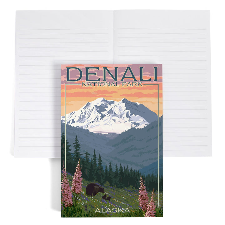 Lined 6x9 Journal, Denali National Park, Alaska, Bear and Cubs with Flowers, Lay Flat, 193 Pages, FSC paper Home Lantern Press 