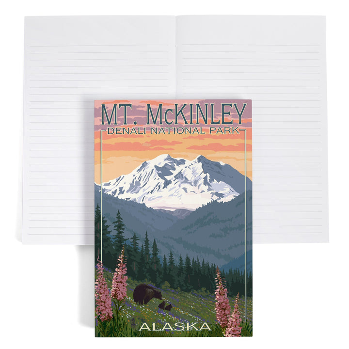 Lined 6x9 Journal, Denali National Park, Alaska, Mount McKinley, Bear and Cubs with Flowers, Lay Flat, 193 Pages, FSC paper Home Lantern Press 