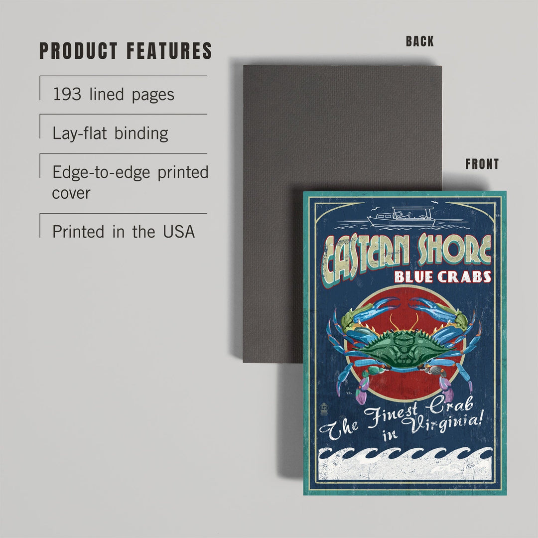 Lined 6x9 Journal, Eastern Shore, Virginia, Blue Crabs Vintage Sign, Lay Flat, 193 Pages, FSC paper Home Lantern Press 