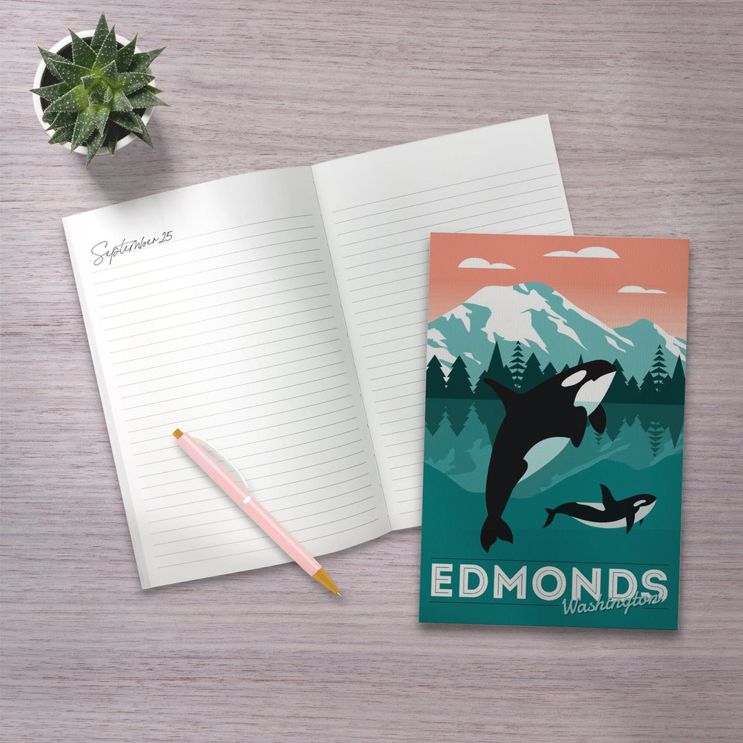 Lined 6x9 Journal, Edmonds, Washington, Orca Whale and Calf, Vector, Lay Flat, 193 Pages, FSC paper Home Lantern Press 