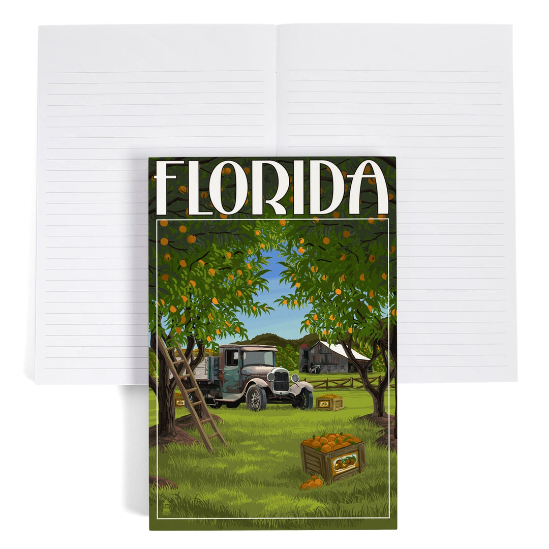 Lined 6x9 Journal, Florida, Orange Grove with Truck, Lay Flat, 193 Pages, FSC paper Home Lantern Press 