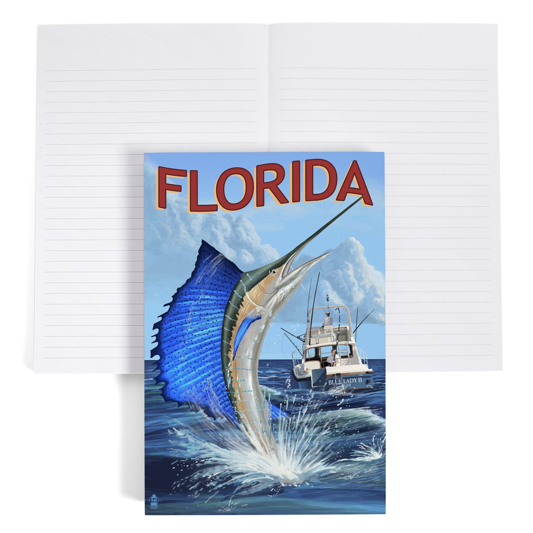 Lined 6x9 Journal, Florida, Sailfish Scene, Lay Flat, 193 Pages, FSC paper Home Lantern Press 