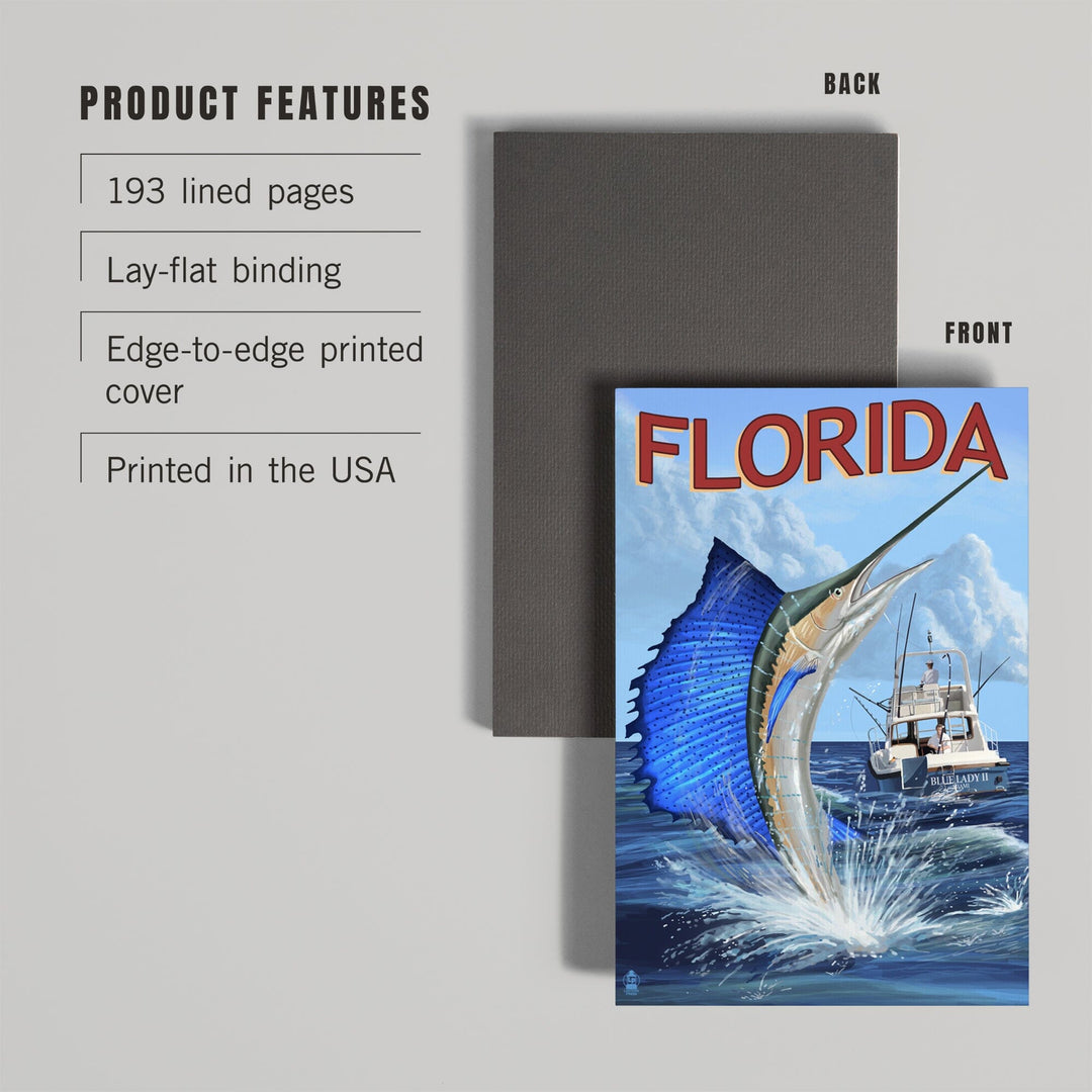 Lined 6x9 Journal, Florida, Sailfish Scene, Lay Flat, 193 Pages, FSC paper Home Lantern Press 