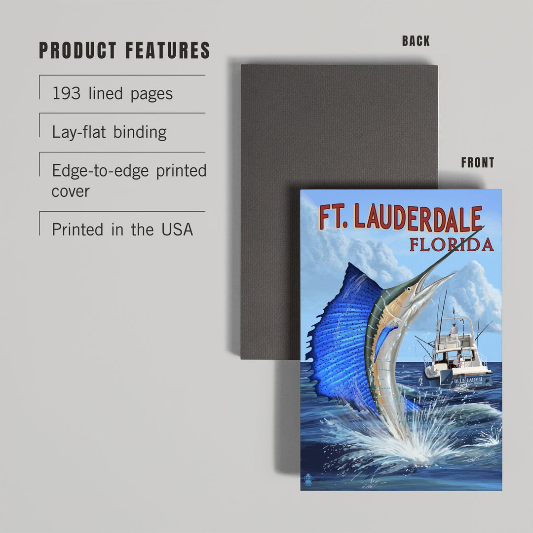 Lined 6x9 Journal, Fort Lauderdale, Florida, Sailfish Scene, Lay Flat, 193 Pages, FSC paper Home Lantern Press 