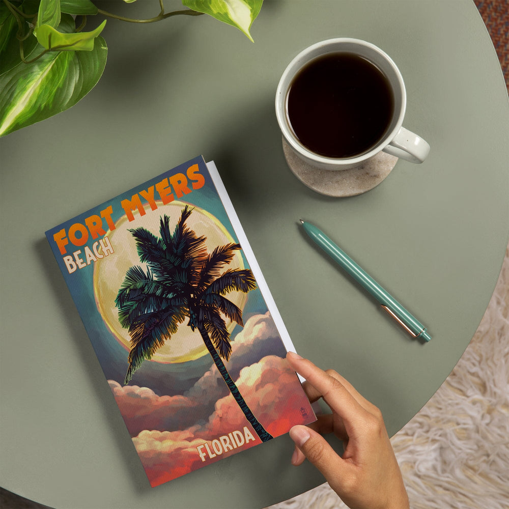 Lined 6x9 Journal, Fort Myers Beach, Florida, Palms and Moon Sunset, Lay Flat, 193 Pages, FSC paper Home Lantern Press 