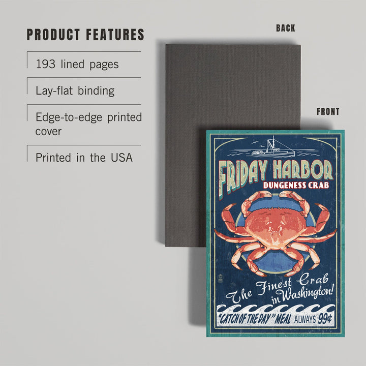 Lined 6x9 Journal, Friday Harbor, San Juan Island, Washington, Dungeness Crab Vintage Sign, Lay Flat, 193 Pages, FSC paper Home Lantern Press 