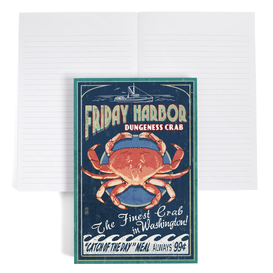Lined 6x9 Journal, Friday Harbor, San Juan Island, Washington, Dungeness Crab Vintage Sign, Lay Flat, 193 Pages, FSC paper Home Lantern Press 