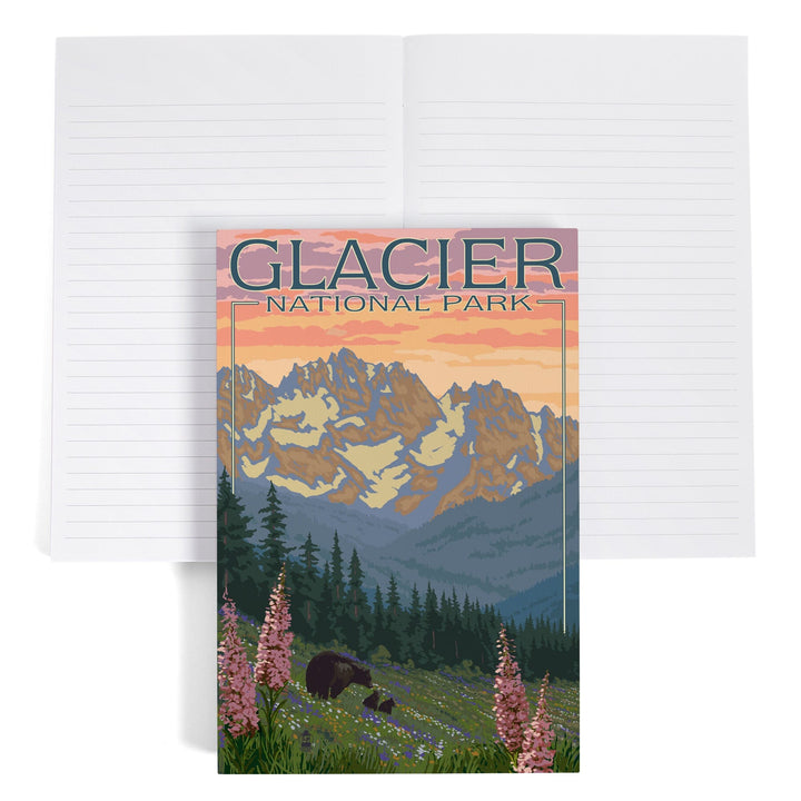 Lined 6x9 Journal, Glacier National Park, Montana, Bear and Cubs with Flowers, Lay Flat, 193 Pages, FSC paper Home Lantern Press 