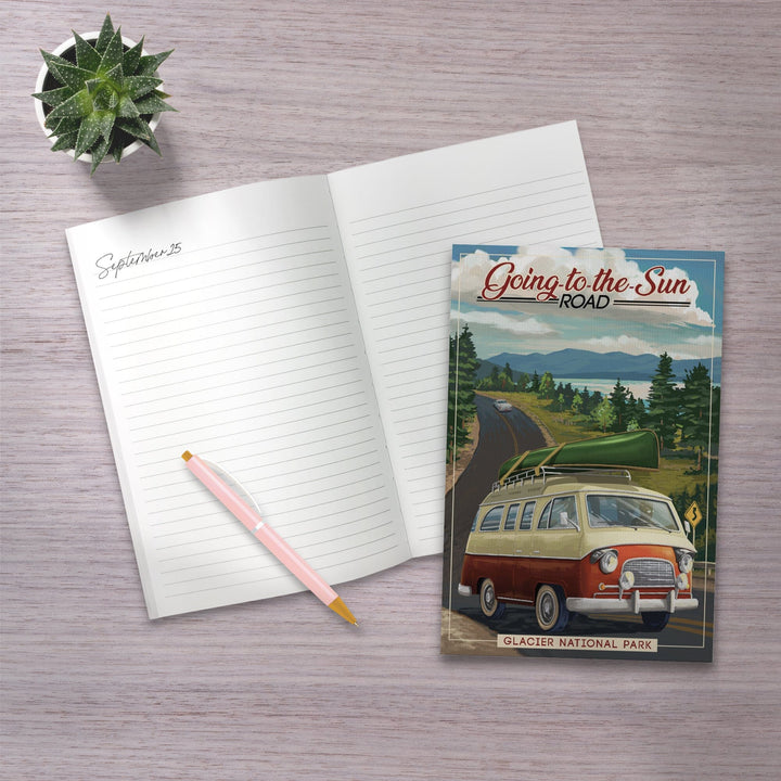 Lined 6x9 Journal, Glacier National Park, Montana, Sun Road, Camper Van and Lake, Lay Flat, 193 Pages, FSC paper Home Lantern Press 