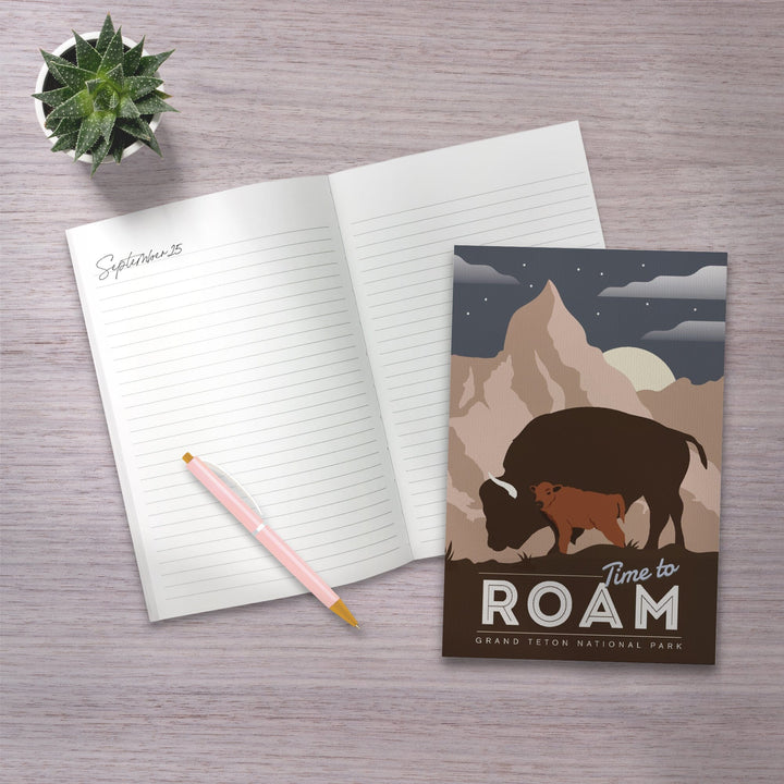 Lined 6x9 Journal, Grand Teton National Park, Time To Roam, Bison and Calf, Night Scene, Lay Flat, 193 Pages, FSC paper Home Lantern Press 