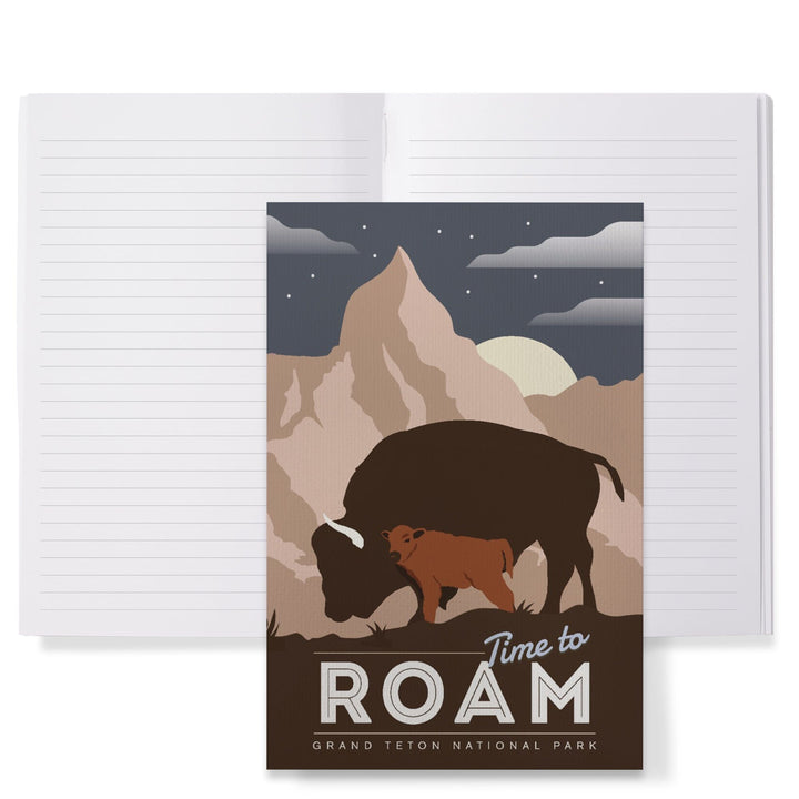 Lined 6x9 Journal, Grand Teton National Park, Time To Roam, Bison and Calf, Night Scene, Lay Flat, 193 Pages, FSC paper Home Lantern Press 