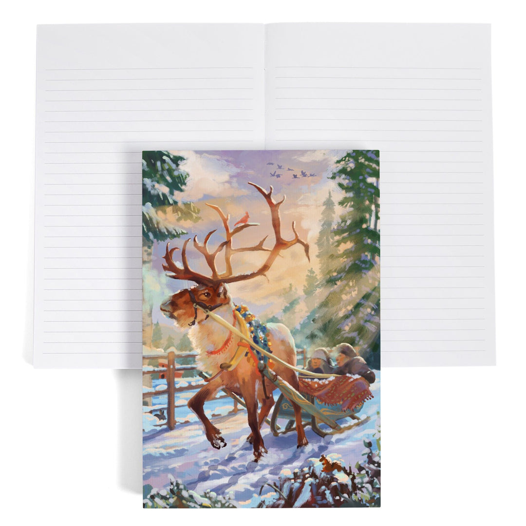 Lined 6x9 Journal, Holiday Tradition, Reindeer Sleigh Ride Through Mountain Snow, Lay Flat, 193 Pages, FSC paper Home Lantern Press 