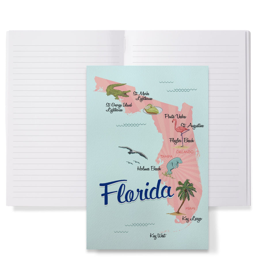 Lined 6x9 Journal, Holmes Beach, Florida, Typography and Icons, Pink and Blue, Lay Flat, 193 Pages, FSC paper Home Lantern Press 